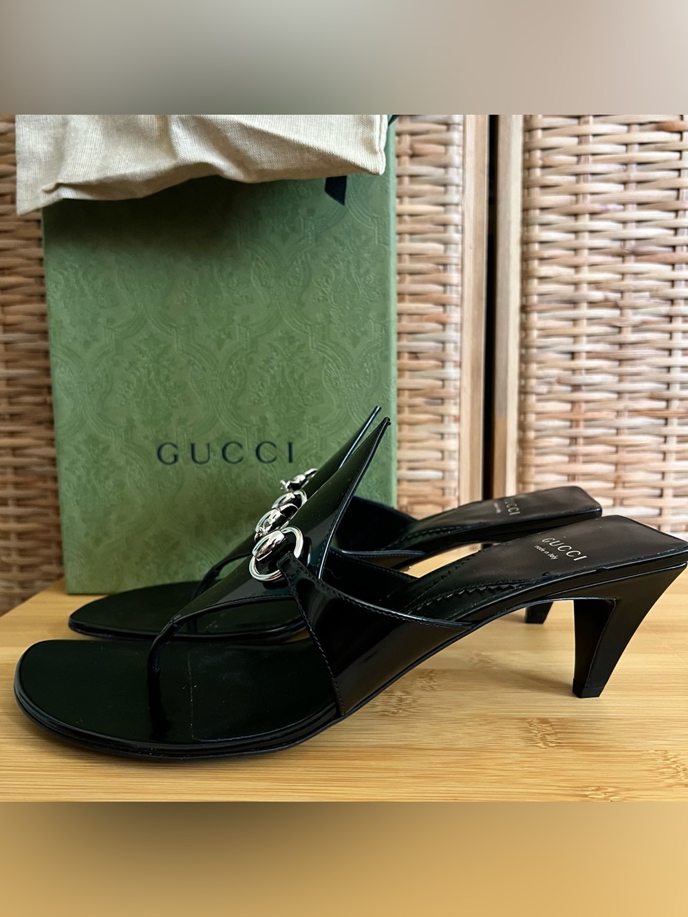 Gucci horsebit black patent leather thong kitten sandals 40 10 NEW - Picture 6 of 14
